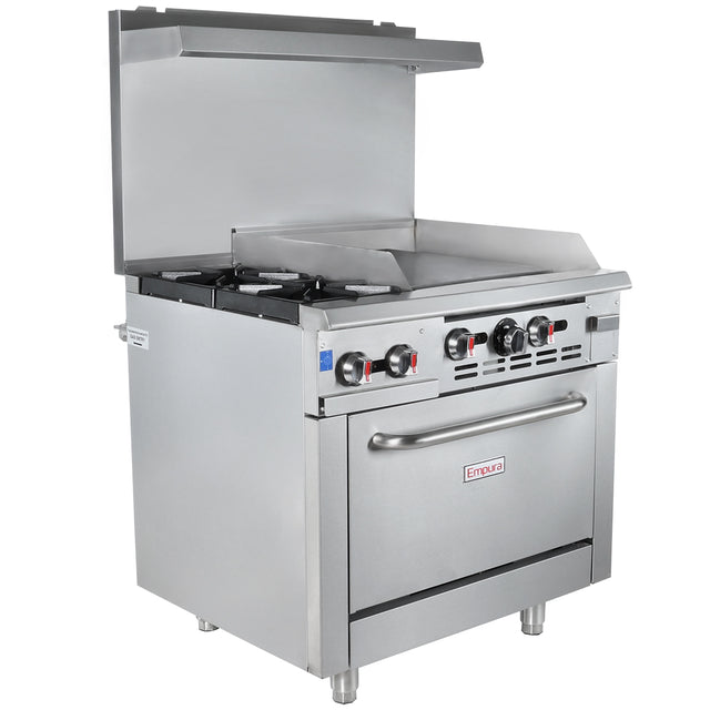 A commercial stainless steel Single Base Gas Range with two natural gas burners, a flat-top griddle, control knobs on the front, an oven below, and a raised backsplash. Sturdy legs support the appliance, with Empura branding on the oven door.