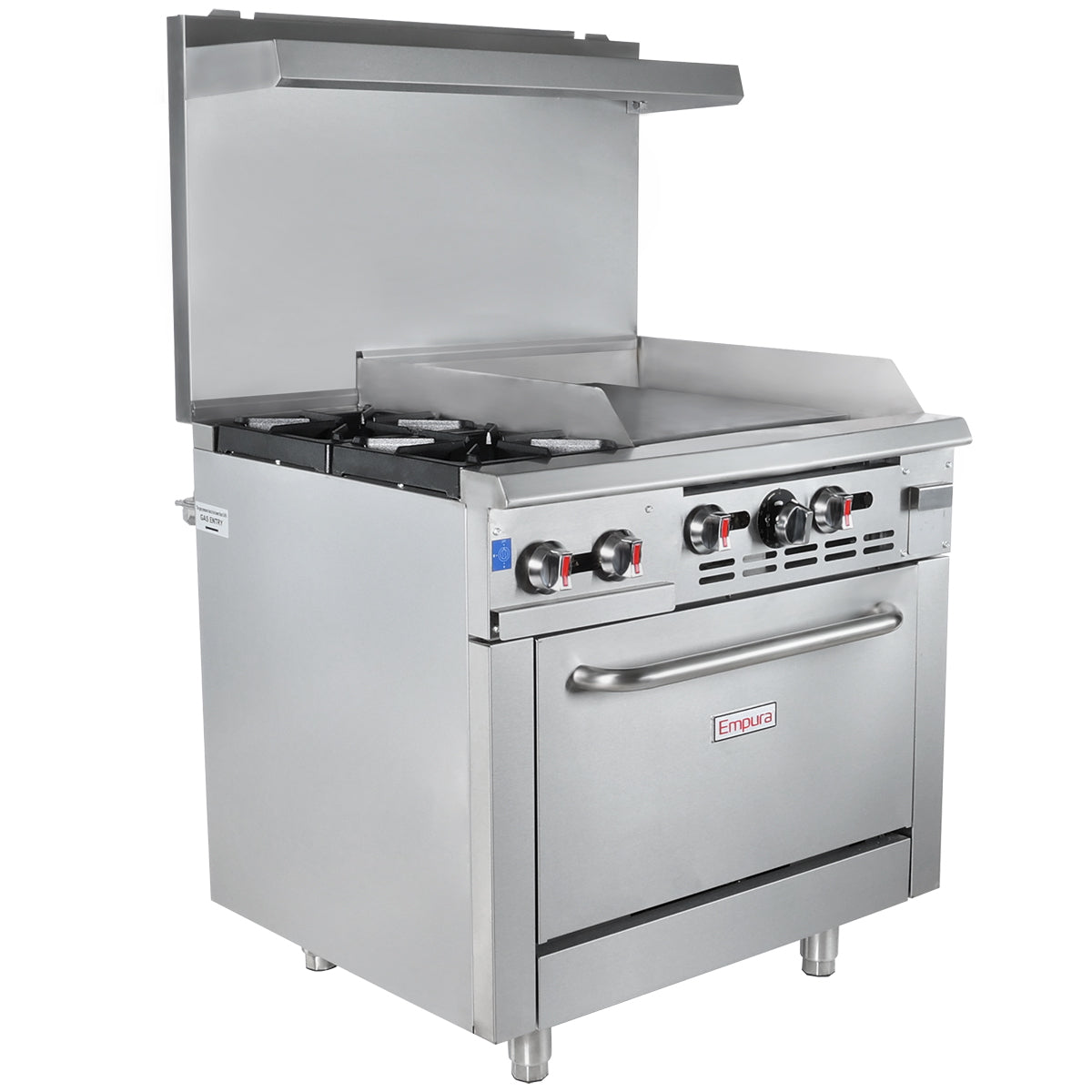 A commercial stainless steel griddle range with two gas burners on the left, a flat griddle on the right, control knobs up front, a lower liquid propane oven compartment, and a high backguard with a small shelf. The appliance is spotless and unused.