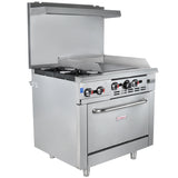 A commercial stainless steel griddle range with two gas burners on the left, a flat griddle on the right, control knobs up front, a lower liquid propane oven compartment, and a high backguard with a small shelf. The appliance is spotless and unused.