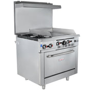 A commercial stainless steel griddle range with two gas burners on the left, a flat griddle on the right, control knobs up front, a lower liquid propane oven compartment, and a high backguard with a small shelf. The appliance is spotless and unused.