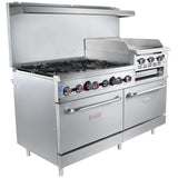 A large commercial oven with griddle, six gas burners, two oven doors, and raised backguard. The stainless steel Empire range features multiple black and red control knobs and is ideal for any busy kitchen setup.