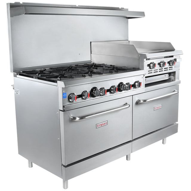 A large commercial oven with griddle, six gas burners, two oven doors, and raised backguard. The stainless steel Empire range features multiple black and red control knobs and is ideal for any busy kitchen setup.
