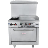 The Empura Single Base Gas Range features two natural gas burners, a flat griddle, and a spacious commercial oven below—all in durable stainless steel with four black control knobs and a large oven handle.