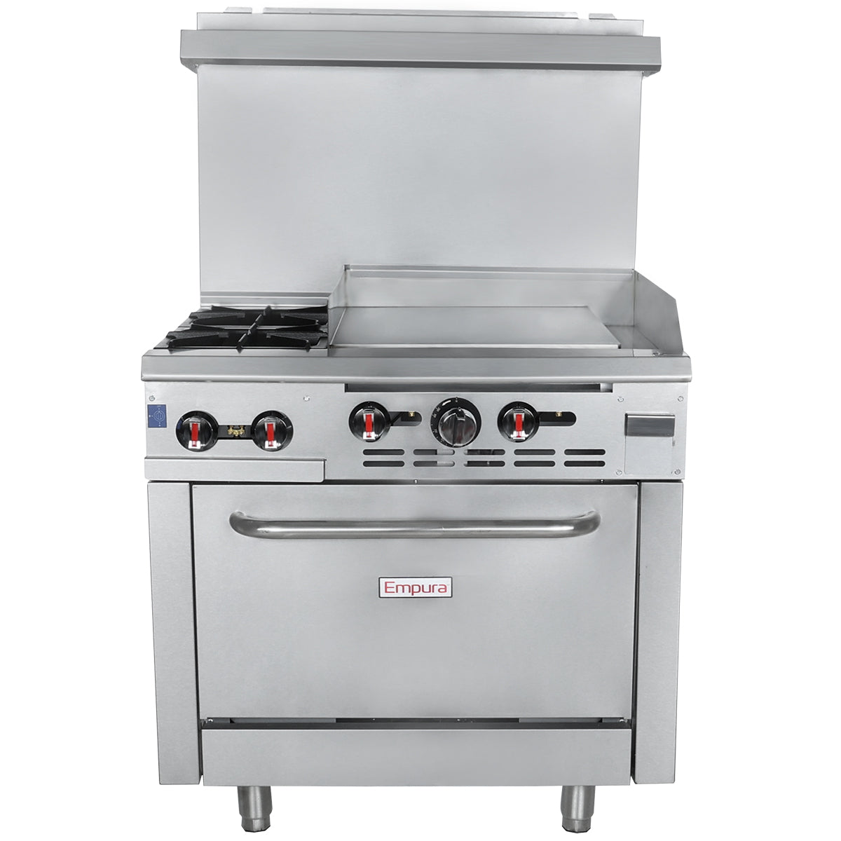 A stainless steel Empura single base gas range features a small stovetop burner, a commercial griddle range, control knobs, liquid propane oven below, and a raised backsplash. The appliance is clean and professional-looking.
