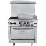 A stainless steel Empura single base gas range features a small stovetop burner, a commercial griddle range, control knobs, liquid propane oven below, and a raised backsplash. The appliance is clean and professional-looking.