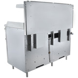 A large, stainless steel industrial machine with a boxy shape stands on four legs. Its rectangular openings and metal components suggest it could be part of a commercial oven with griddle, designed for use in food processing or manufacturing.