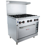 A commercial stainless steel single base gas range with six black burner grates, four control knobs, an oven door with handle, Emura brand label, raised backsplash with shelf on top, and sturdy legs. Compatible with natural gas.