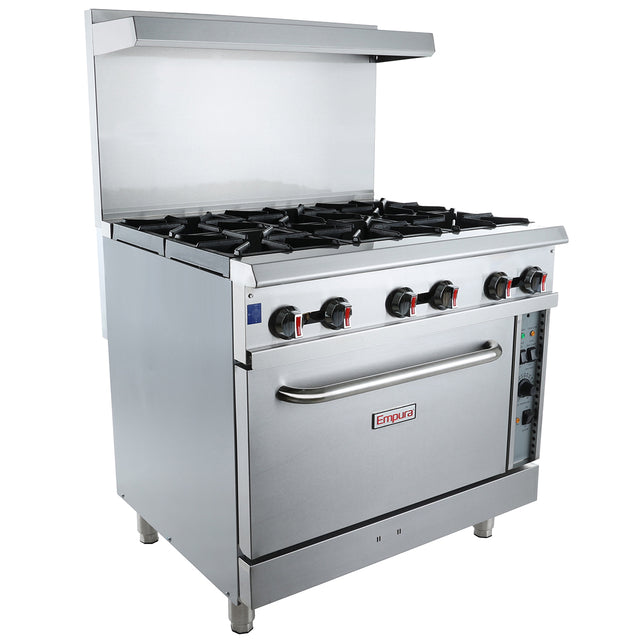 A commercial stainless steel single base gas range with six black burner grates, four control knobs, an oven door with handle, Emura brand label, raised backsplash with shelf on top, and sturdy legs. Compatible with natural gas.