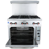 A commercial stainless steel convection oven range with six gas burners on top, four red-and-black control knobs, and an oven below. The natural gas oven door is open, revealing two metal racks and a clean, black interior.