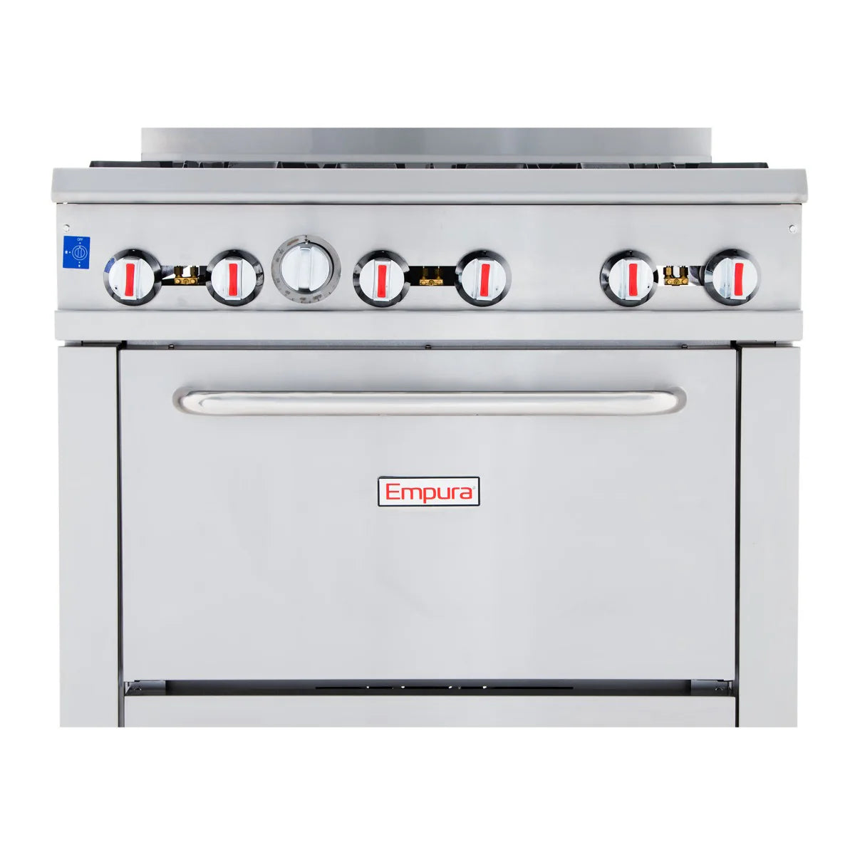 Front view of a stainless steel gas range with six red-and-white control knobs, a large horizontal handle, and Empura branding. The modern, industrial natural gas oven is ideal for any busy commercial kitchen.