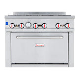 Front view of a stainless steel gas range with six red-and-white control knobs, a large horizontal handle, and Empura branding. The modern, industrial natural gas oven is ideal for any busy commercial kitchen.