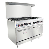 A large commercial stainless steel double base gas range with 8 open top burners, two ovens below, control knobs on the front, and a raised backguard. The unit stands on metal legs and is liquid propane compatible, branded with the Empura logo.