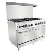A large commercial stainless steel double base gas range with 8 open top burners, two ovens below, control knobs on the front, and a raised backguard. The unit stands on metal legs and is liquid propane compatible, branded with the Empura logo.