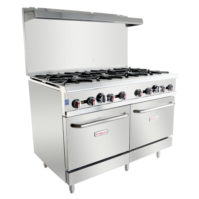 A large commercial stainless steel double base gas range with 8 open top burners, two ovens below, control knobs on the front, and a raised backguard. The unit stands on metal legs and is liquid propane compatible, branded with the Empura logo.