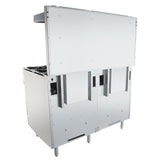 A large, industrial metal kitchen appliance with a silver finish, featuring four raised legs, two main compartment doors, a tall back panel, multiple visible screws, and 8 open top burners; viewed from an angled rear perspective against a white background.