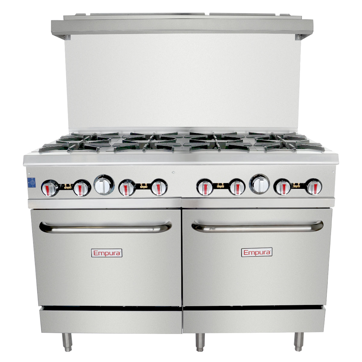 Commercial stainless steel Empura double base gas range with 8 open top burners, eight control knobs, and two large oven doors with handles and Empura labels. The range stands on four legs and features a raised rear backsplash. Liquid propane compatible.