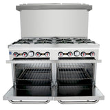 A commercial stainless steel double base gas range featuring six burners on top, six control knobs, and two oven compartments below with open doors revealing wire racks. The back includes a tall metal splash guard. Runs efficiently on liquid propane.