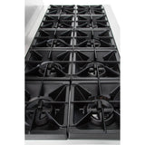 A close-up view of a black eight-burner double base gas range, featuring two rows of four cast iron grates each on a stainless steel surface—a prime example of commercial kitchen equipment. The image is taken from above and to the side.