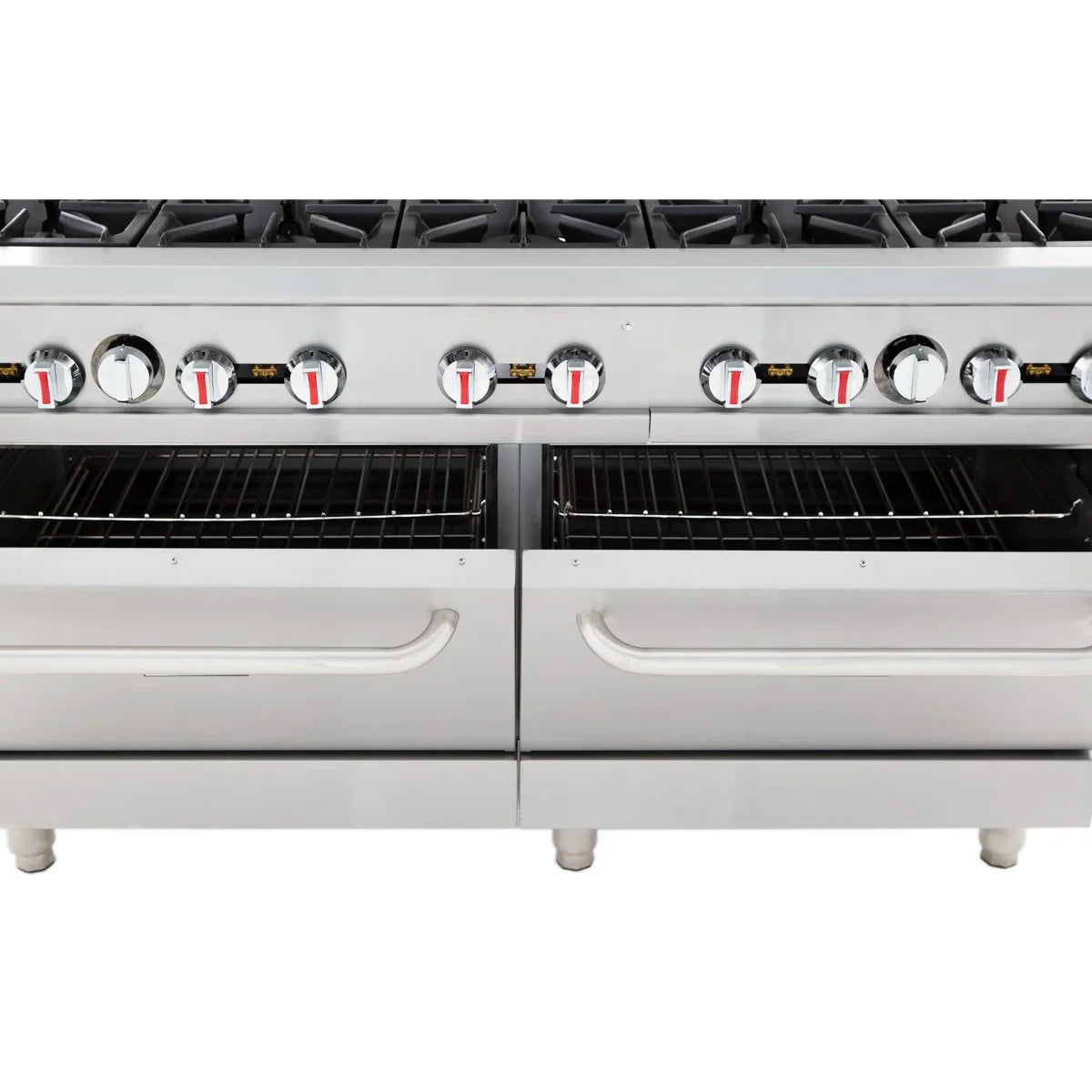 A close-up of a large stainless steel Double Base Gas Range shows eight burner knobs above two spacious commercial oven doors, each with a metal rack inside. The stove rests on short legs and is designed for heavy-duty kitchen use.