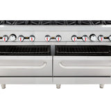 A close-up of a large stainless steel Double Base Gas Range shows eight burner knobs above two spacious commercial oven doors, each with a metal rack inside. The stove rests on short legs and is designed for heavy-duty kitchen use.