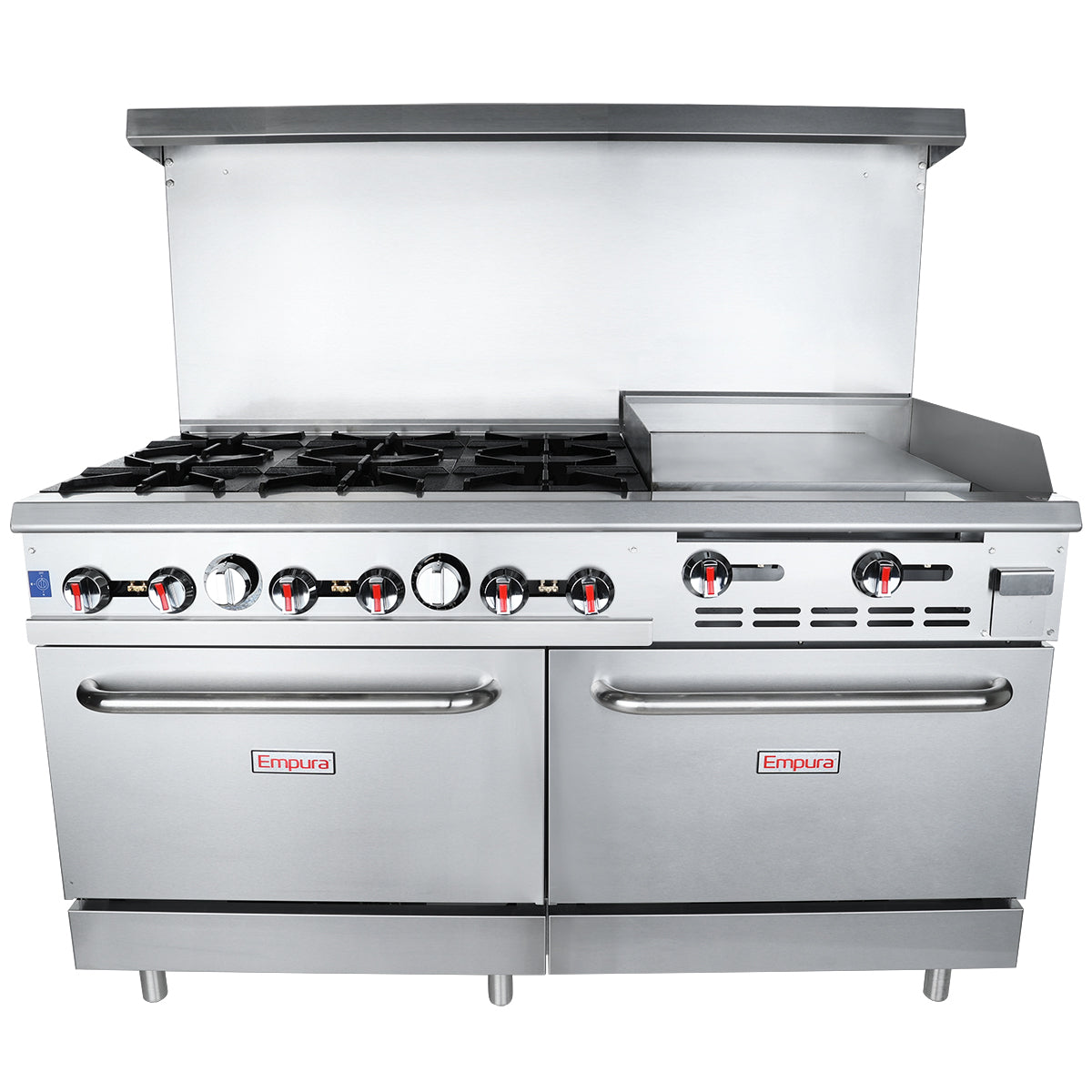 A commercial double base gas range with six burners on the left, a flat-top griddle on the right, two large oven doors below, control knobs above each, and a high stainless steel backsplash. Empura branding is on both oven doors.
