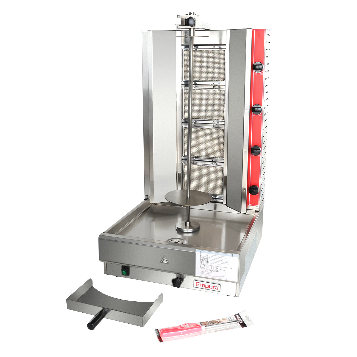 A vertical stainless steel gyro broiler with a rotisserie spit, heating elements at the back, red side panels with black knobs, and a drip tray. In front, there’s a meat cone holder, black handle attachment, and a wrapped skewer.