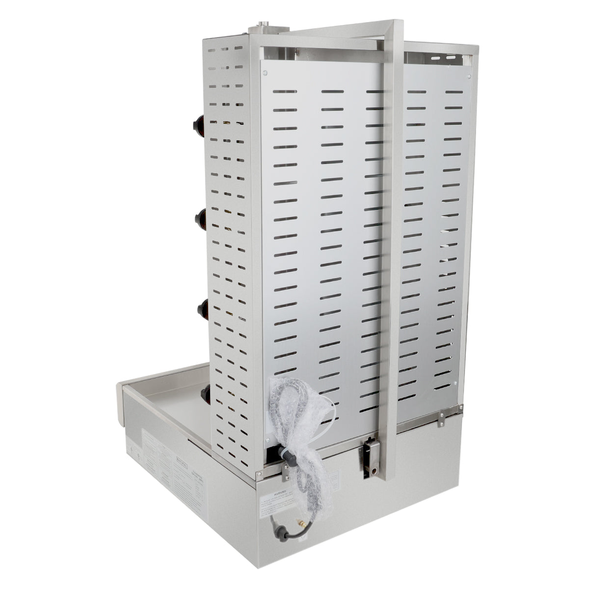 A stainless steel gas vertical broiler with a slotted metal panel, black control knobs on the side, a metal rod for skewering meat, and a drip tray at the base. A plastic-wrapped handle is attached near the front. Perfect as a commercial gyro broiler.