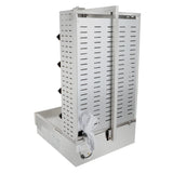 A stainless steel gas vertical broiler with a slotted metal panel, black control knobs on the side, a metal rod for skewering meat, and a drip tray at the base. A plastic-wrapped handle is attached near the front. Perfect as a commercial gyro broiler.