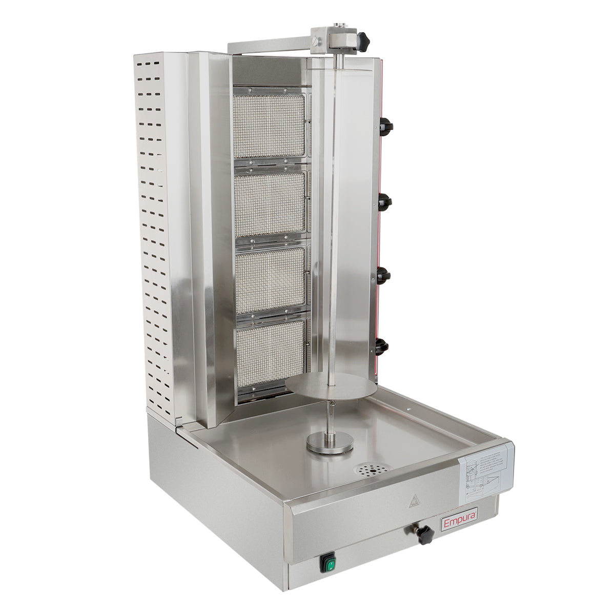 A commercial vertical broiler with a stainless steel body, vertical skewer, heating elements, and control knobs. Ideal for cooking meats like shawarma or gyro, this machine features a drip tray to collect juices and operates as a reliable gyro broiler.