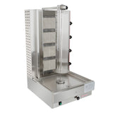 A commercial vertical broiler with a stainless steel body, vertical skewer, heating elements, and control knobs. Ideal for cooking meats like shawarma or gyro, this machine features a drip tray to collect juices and operates as a reliable gyro broiler.