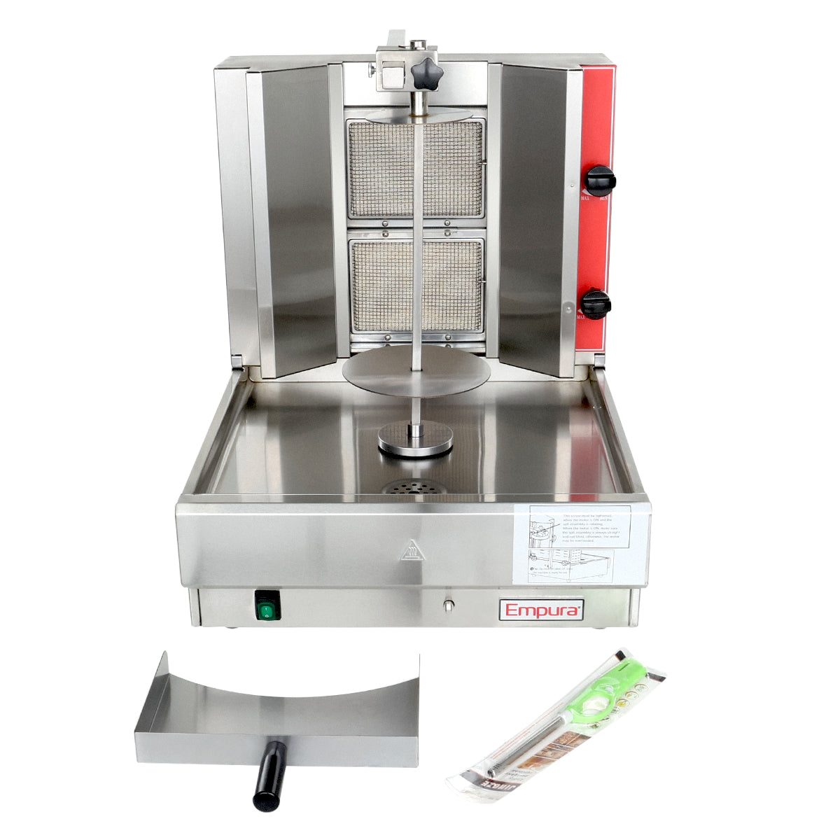 A stainless steel gas vertical broiler with heating panels, a vertical skewer, side control knobs, removable drip tray, meat catcher, and a skewer set in plastic. The “Empura” brand name is visible on the front.