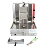 A stainless steel gas vertical broiler with heating panels, a vertical skewer, side control knobs, removable drip tray, meat catcher, and a skewer set in plastic. The “Empura” brand name is visible on the front.