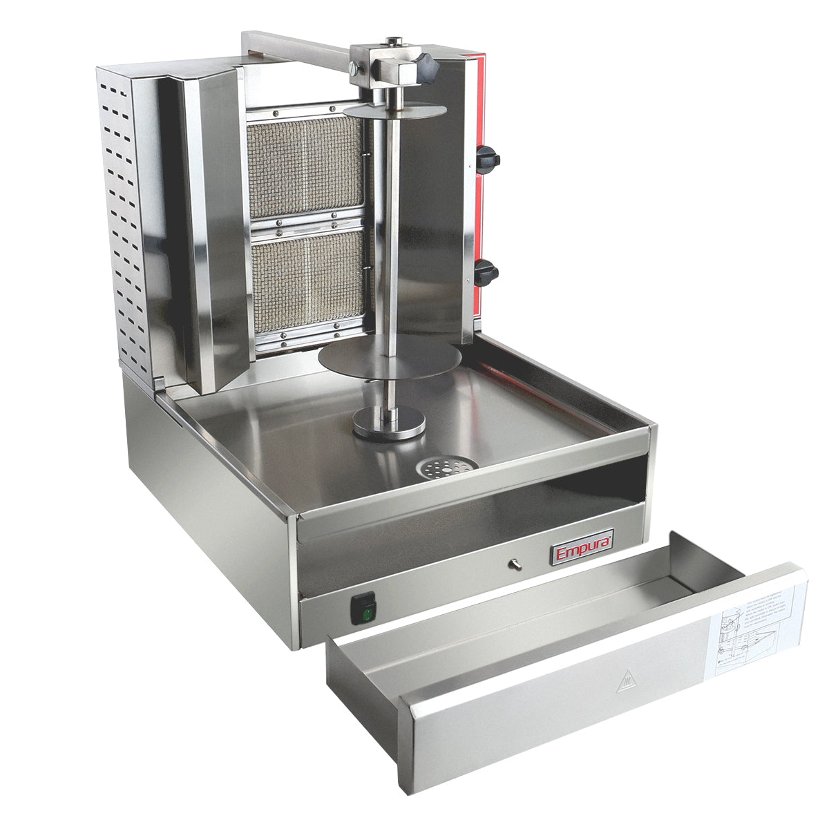 A stainless steel gas vertical broiler with heating elements at the back, a central rotating spit rod, and a drip tray drawer pulled out below. The machine has side control knobs and is labeled Empura on the front.