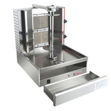 A stainless steel gas vertical broiler with heating elements at the back, a central rotating spit rod, and a drip tray drawer pulled out below. The machine has side control knobs and is labeled Empura on the front.