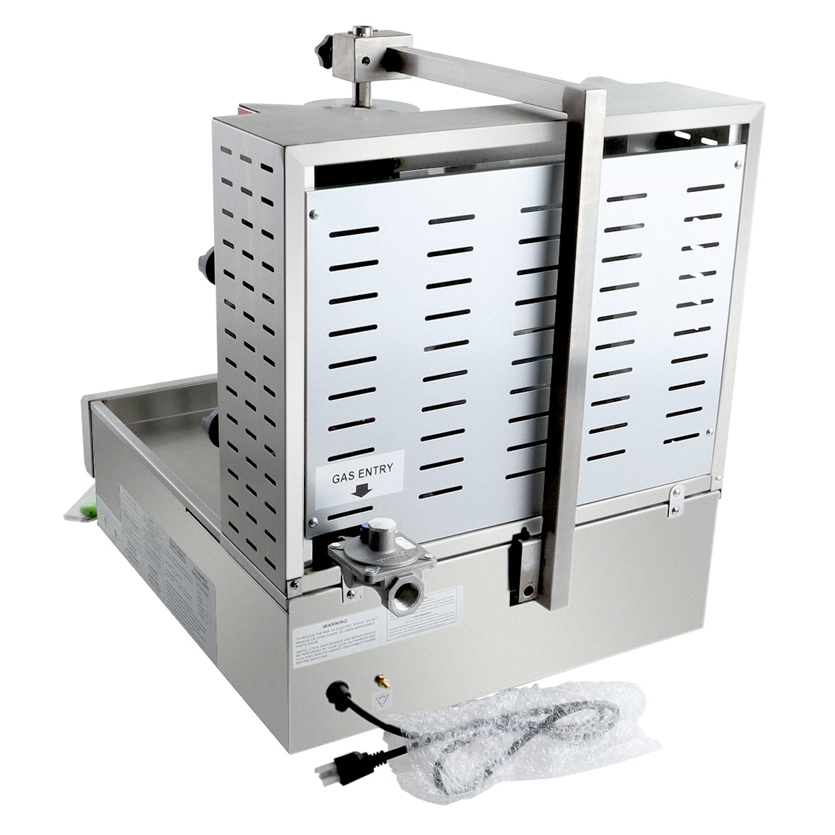 A stainless steel gas vertical broiler with a vented metal back panel, gas entry valve, side lever, drip tray, and an electric cord wrapped in bubble wrap. The machine is clean and industrial in design.
