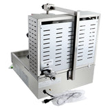 A stainless steel gas vertical broiler with a vented metal back panel, gas entry valve, side lever, drip tray, and an electric cord wrapped in bubble wrap. The machine is clean and industrial in design.
