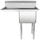 A stainless steel sink with a deep rectangular basin, high backsplash, and two faucet holes. This NSF commercial sink stands on four sturdy, adjustable legs and features a clean, industrial design perfect for kitchens or utility rooms.