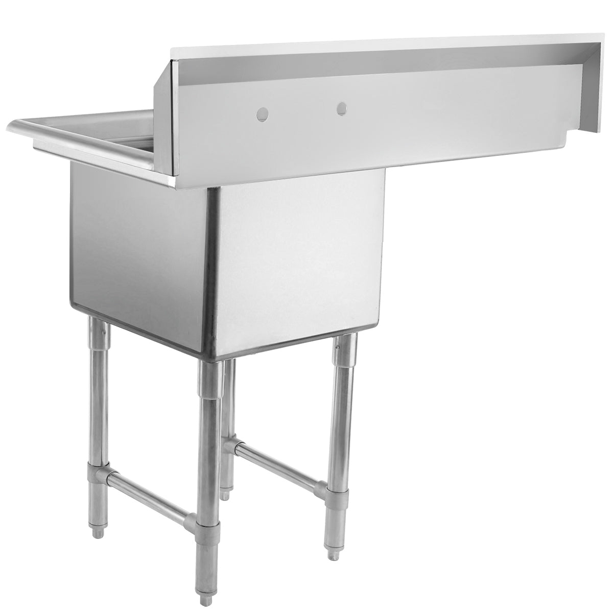 A stainless steel commercial sink with an integrated backsplash and a deep rectangular basin. This NSF sink features four sturdy legs with adjustable feet and a flat right-hand drainboard, ideal for restaurants or industrial kitchens. The background is white.