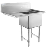 A commercial stainless steel sink with four sturdy legs, a deep rectangular basin, and a left-side draining board. The NSF sink features a high backsplash with two pre-drilled faucet holes, delivering an industrial and utilitarian design.