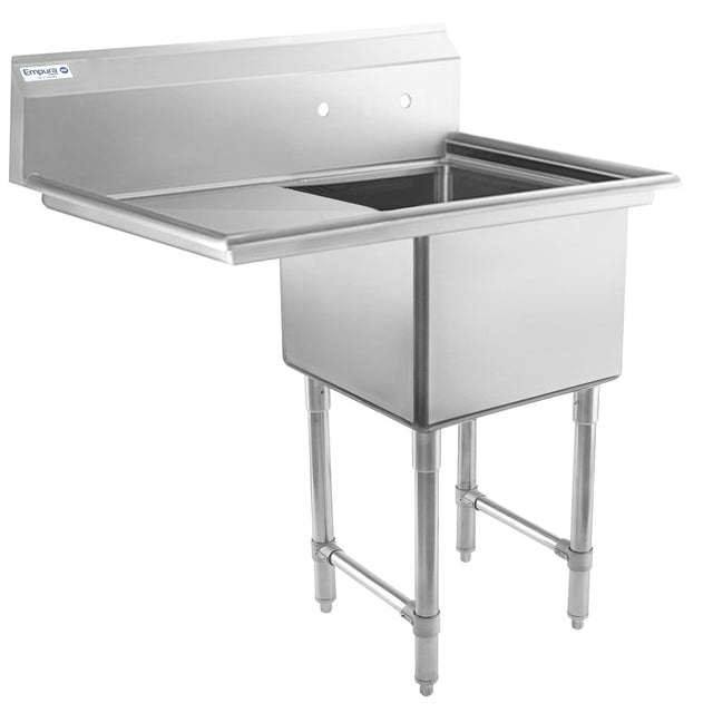 A commercial stainless steel sink with four sturdy legs, a deep rectangular basin, and a left-side draining board. The NSF sink features a high backsplash with two pre-drilled faucet holes, delivering an industrial and utilitarian design.