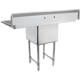 A stainless steel NSF sink with a deep rectangular basin, splash guard along the back, two faucet holes, a side drainboard on the left, and four sturdy cylindrical legs—perfect for industrial kitchen use.
