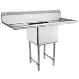 A commercial stainless steel sink with a deep rectangular basin, raised backsplash, and two faucet holes. This NSF sink features extended flat surfaces on both sides for workspace, supported by four sturdy metal legs with adjustable feet.
