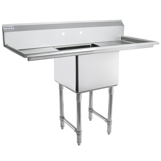 A commercial stainless steel sink with a deep rectangular basin, raised backsplash, and two faucet holes. This NSF sink features extended flat surfaces on both sides for workspace, supported by four sturdy metal legs with adjustable feet.