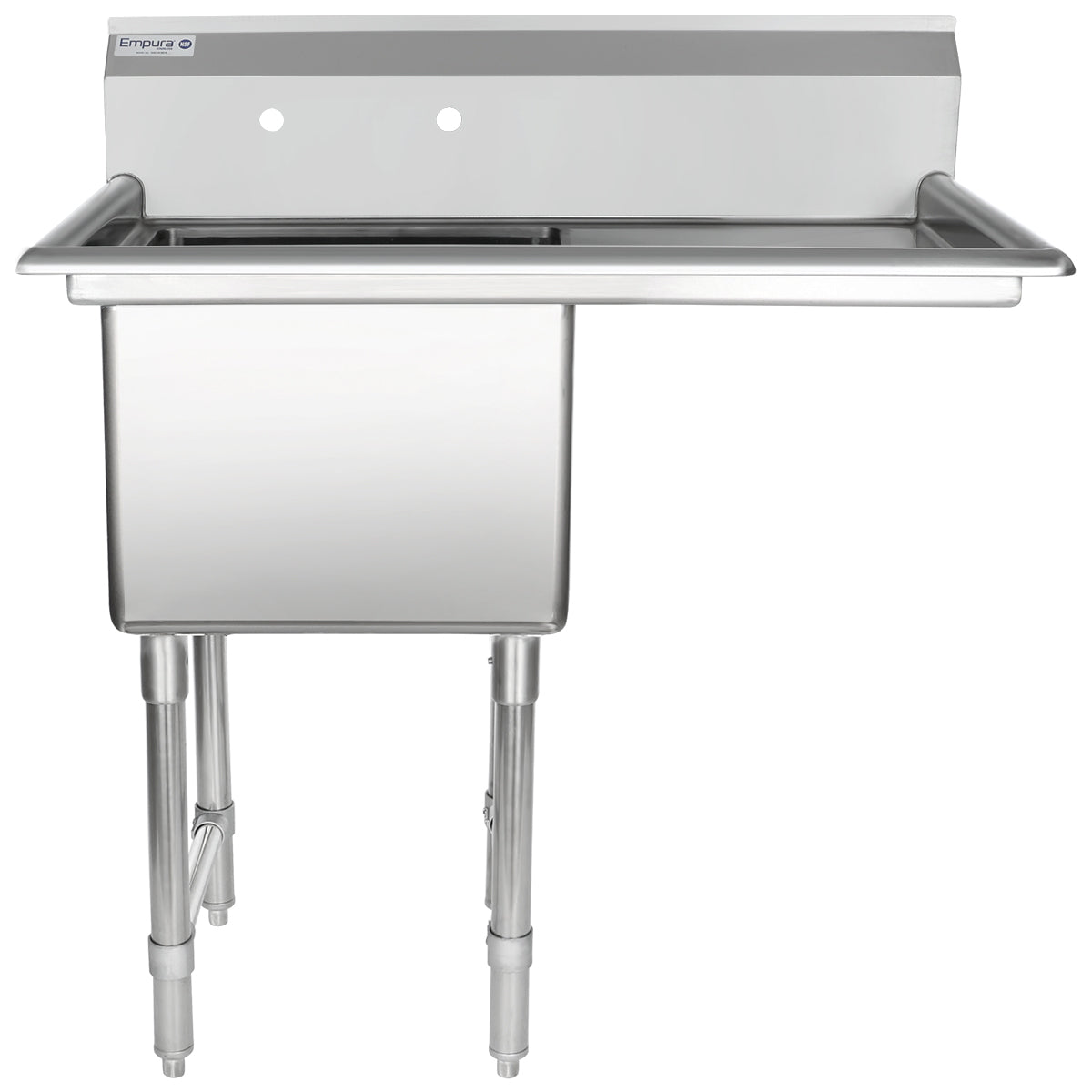 A stainless steel commercial sink with a deep rectangular basin, high backsplash with two pre-cut faucet holes, and sturdy cylindrical legs. This NSF sink features an industrial design, ideal for kitchens or utility spaces.