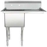 A stainless steel commercial sink with a deep rectangular basin, high backsplash with two pre-cut faucet holes, and sturdy cylindrical legs. This NSF sink features an industrial design, ideal for kitchens or utility spaces.