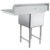 A stainless steel NSF sink with four sturdy legs, a deep rectangular basin, and high back and side splashes. This commercial sink features two faucet holes and a left-side drainboard, ideal for industrial kitchens or food service environments.
