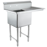 A durable NSF sink with four legs, this stainless steel commercial sink features a deep square basin on the left, a flat drainboard on the right, a high backsplash with two faucet holes, and sturdy cross-bracing between the legs.