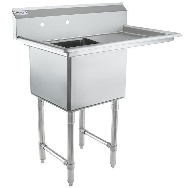 A durable NSF sink with four legs, this stainless steel commercial sink features a deep square basin on the left, a flat drainboard on the right, a high backsplash with two faucet holes, and sturdy cross-bracing between the legs.