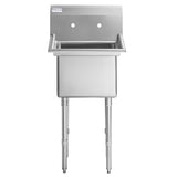 A stainless steel commercial sink with a deep rectangular basin, backsplash, and two pre-drilled faucet holes. This NSF sink stands on four sturdy legs and features an industrial design ideal for kitchens or utility areas.