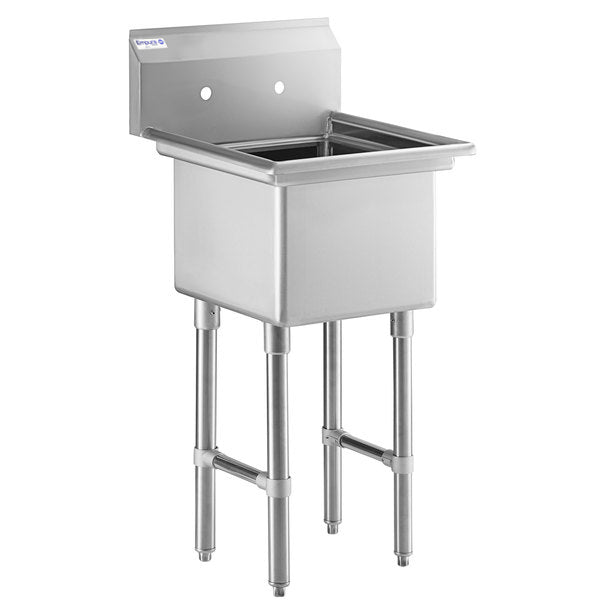 A commercial stainless steel sink with four sturdy legs and a deep square basin. It features a backsplash with two faucet holes, and a small brand label on the top left corner. The sink is set against a white background.